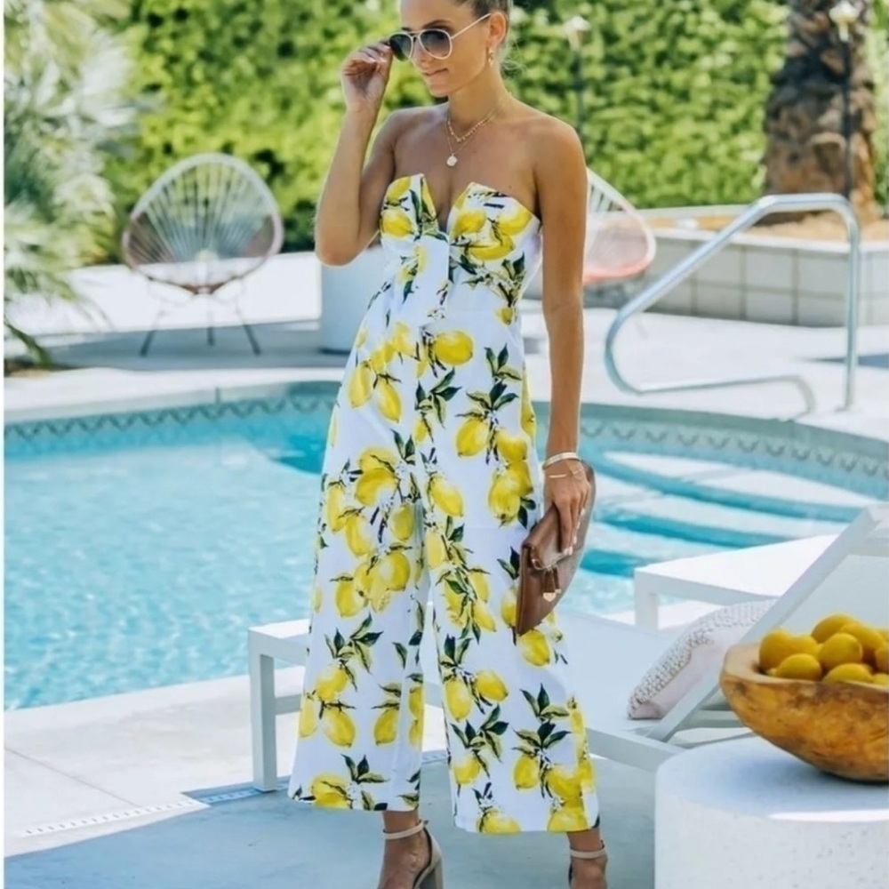 English Factory Lemon Print Strapless Jumpsuit